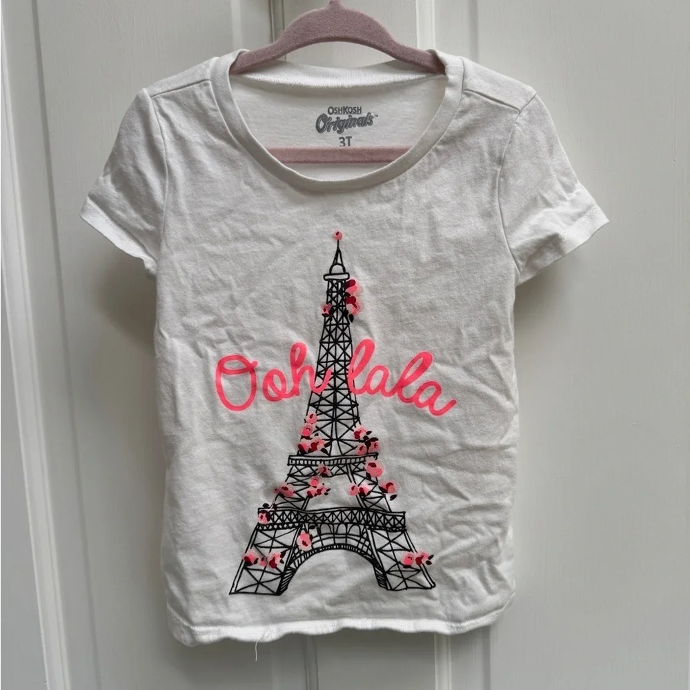 OshKosh B'gosh 3T Girls White and Pink Paris Ooh Lala Short Sleeve Tee